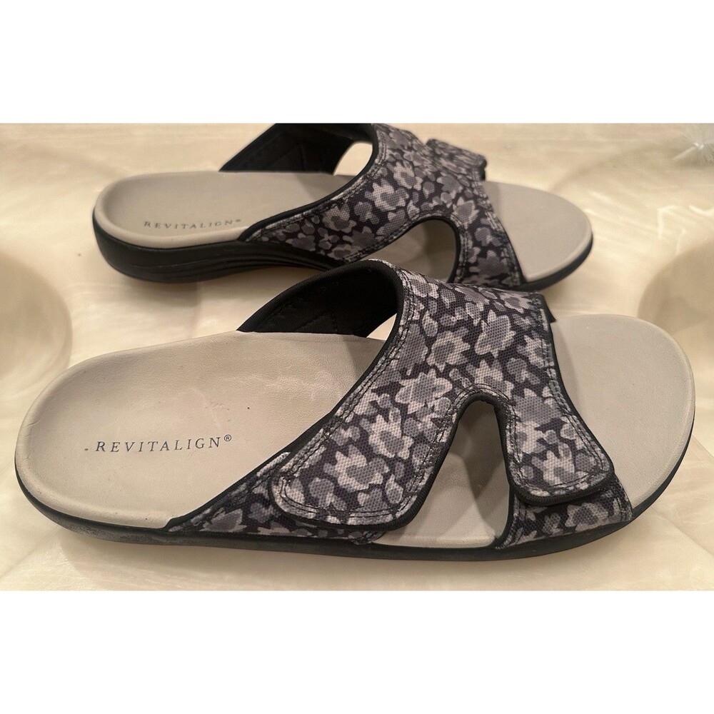 Revitalign Orthotic Slide Sandals Gray Floral Adjustable Straps Women’s 12